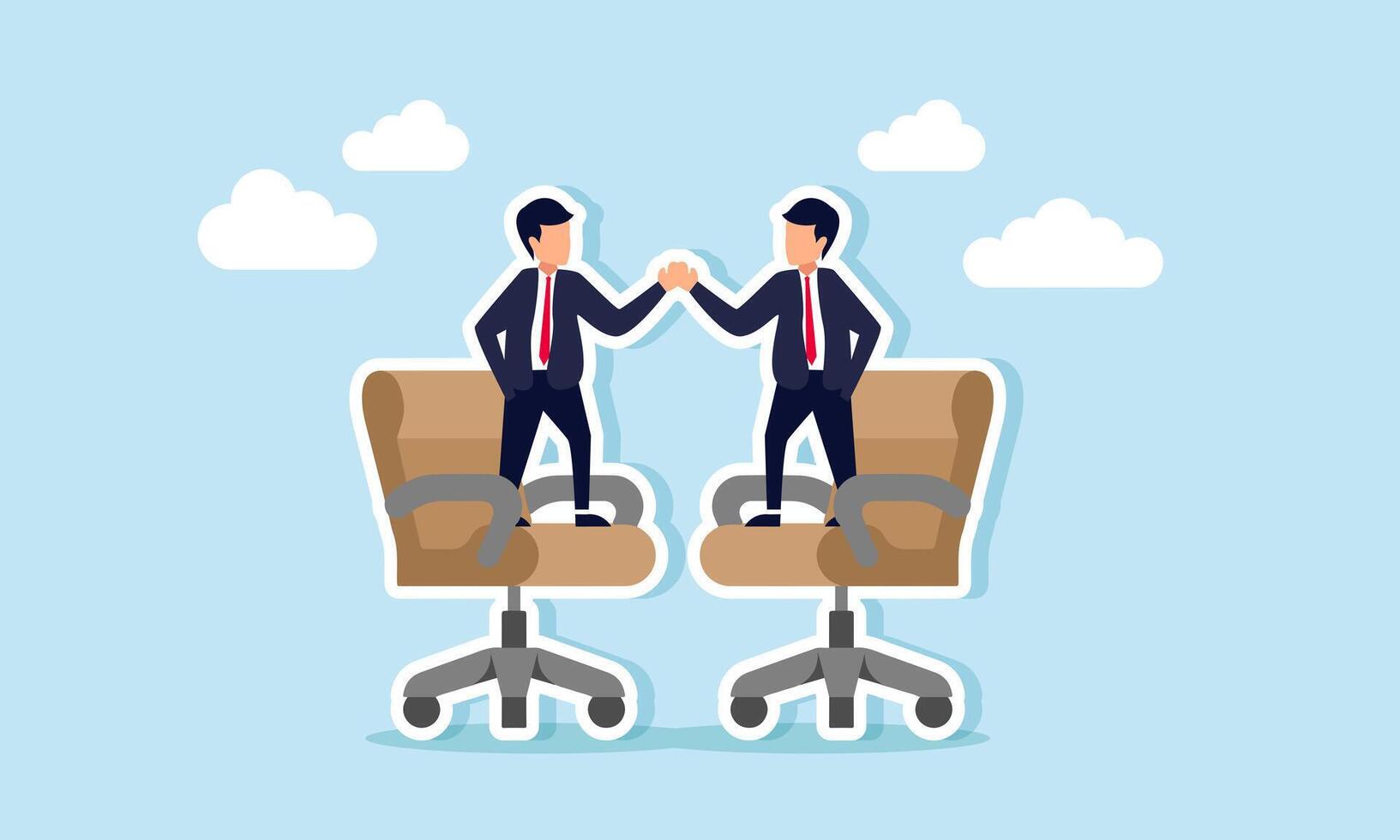 Two businessmen sitting on office chairs, shaking hands, illustration of agreement in a business contract vector