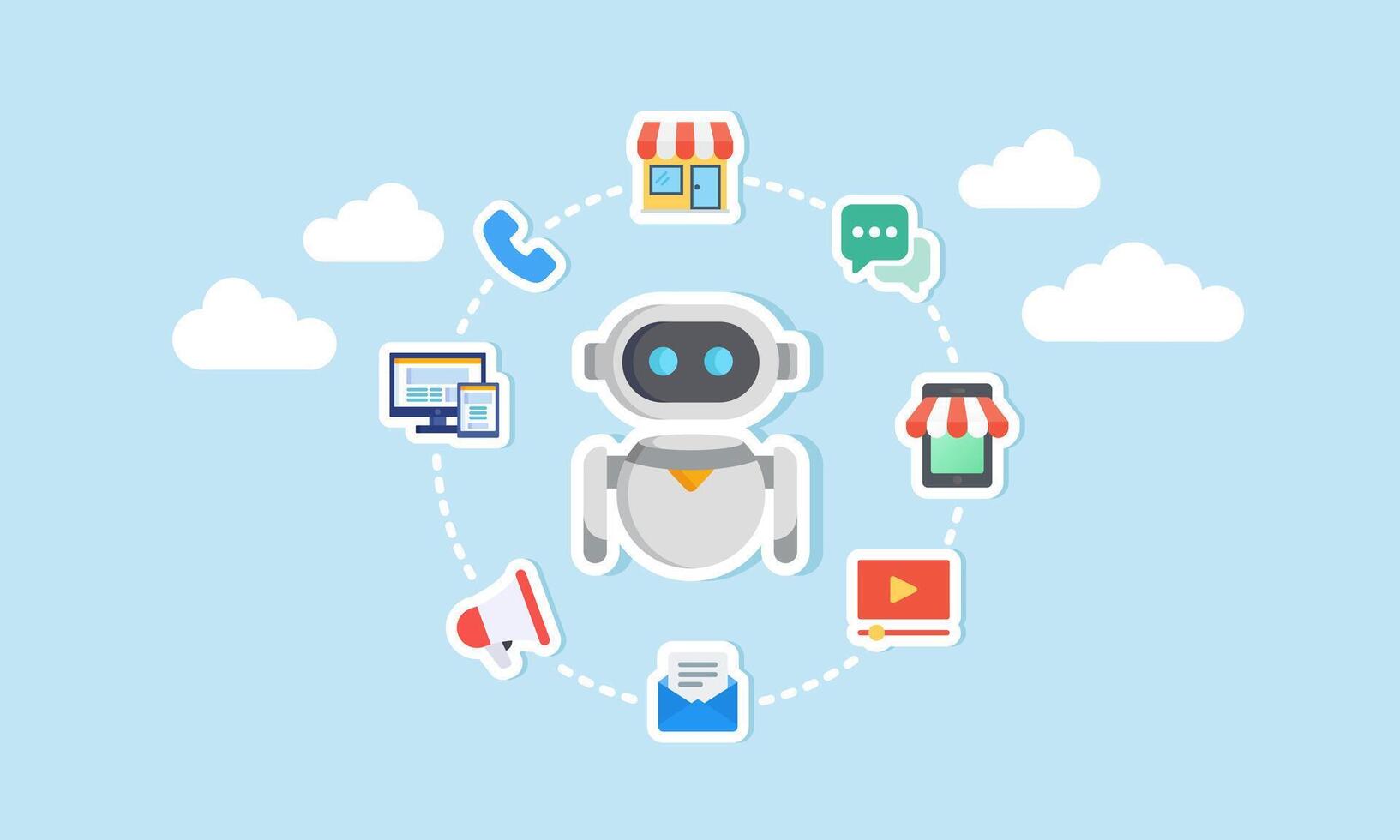 An AI robot surrounded by items related to business marketing management, illustration of using AI for business management effectiveness and efficiency vector