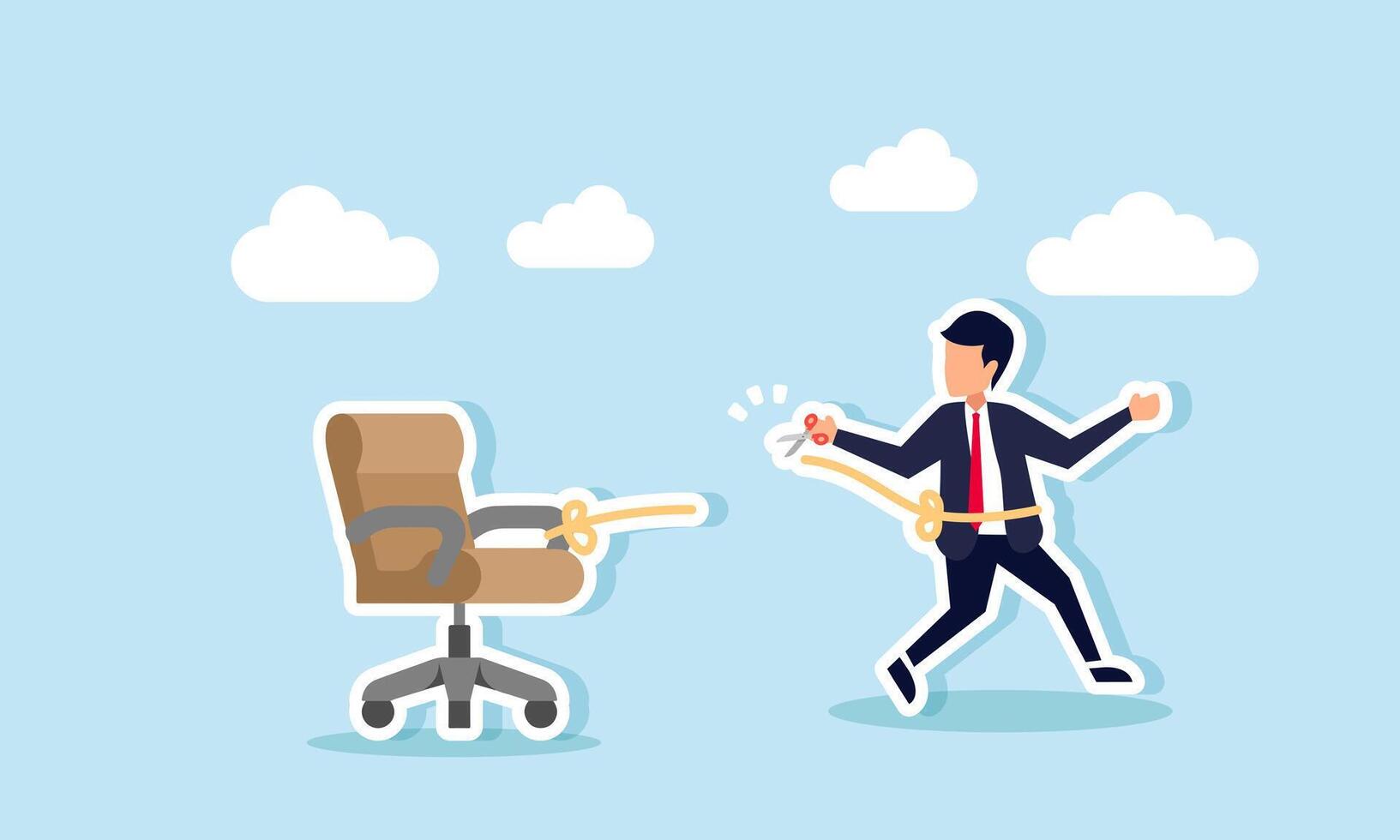 A businessman cuts the rope tying him to an office chair with scissors, illustration of resigning from a job that hinders personal and career development vector