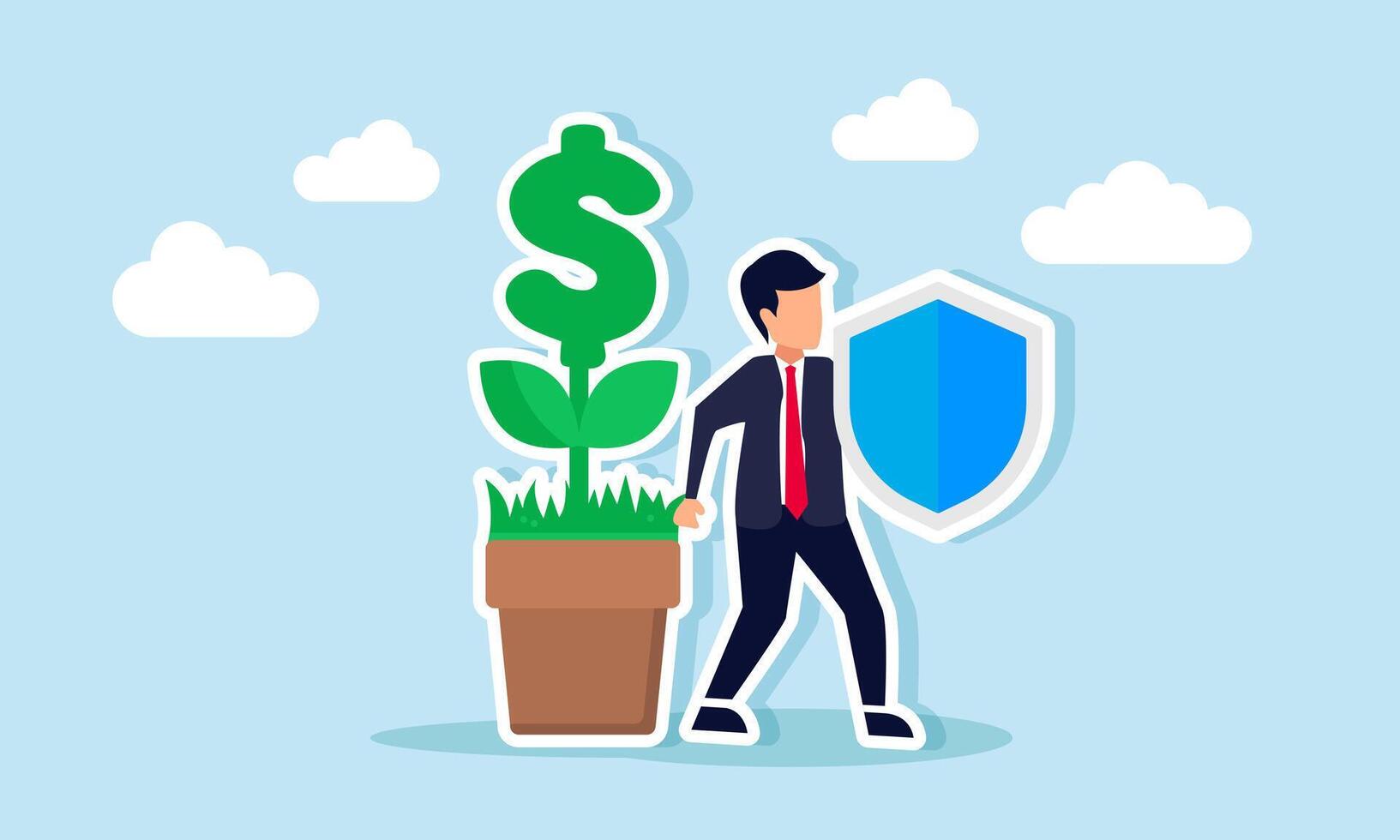 A businessman holds a shield and stands beside a dollar plant, illustration of the importance of using insurance for business investment assets vector