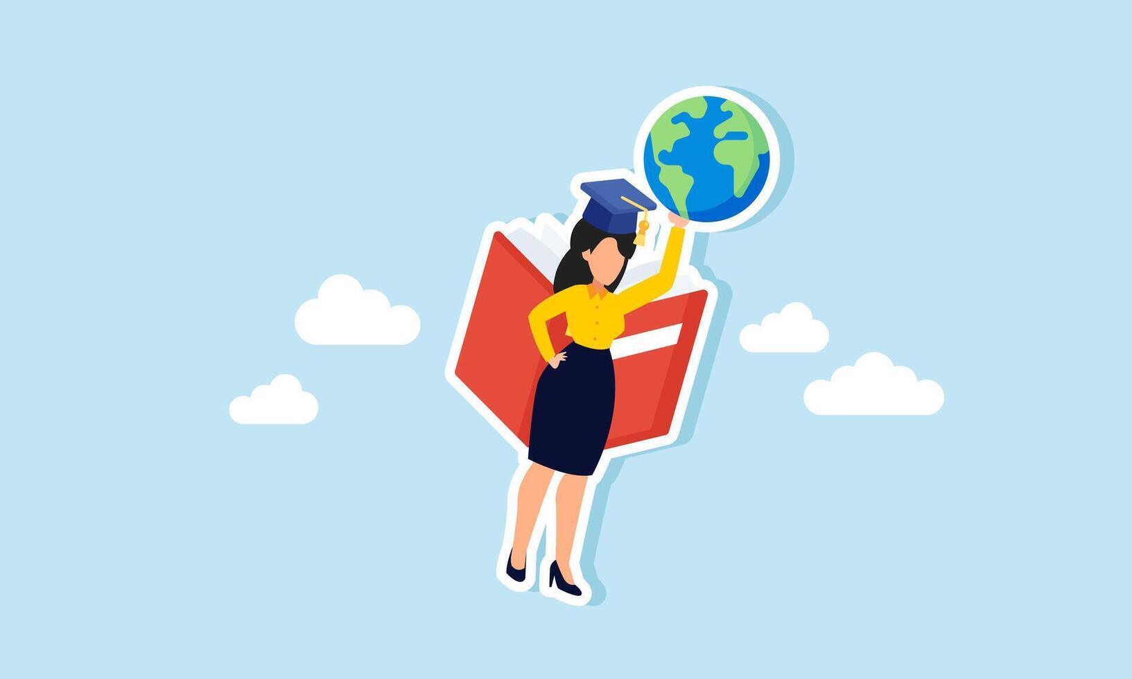A businesswoman graduate with a graduation cap flying using a book and holding a globe, illustration of international business literacy enabling analysis of emerging business trends vector