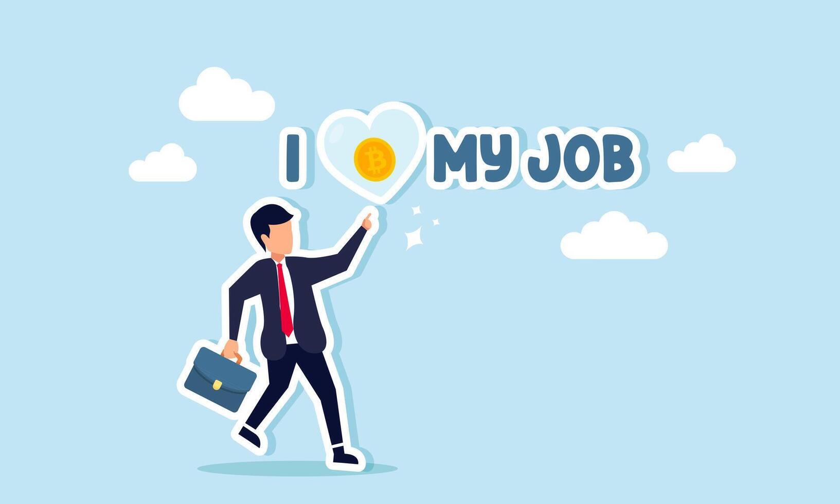 A happy businessman pointing to a love sign filled with bitcoin on the text I LOVE MY JOB, illustration of loving work based on interest in bitcoin vector