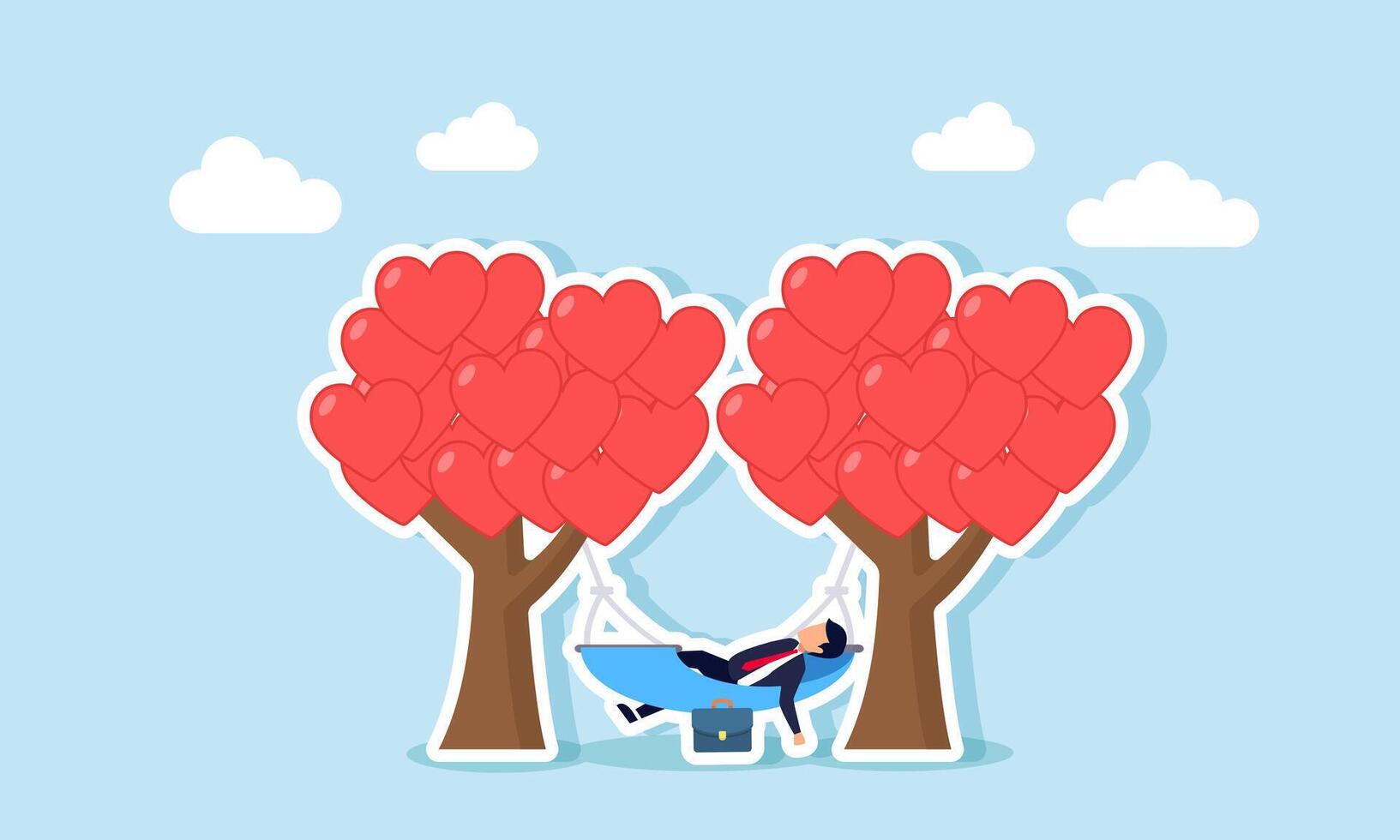 A businessman relaxes in a hammock tied to two heart-shaped trees, illustration of enjoying business performance with lovable products vector