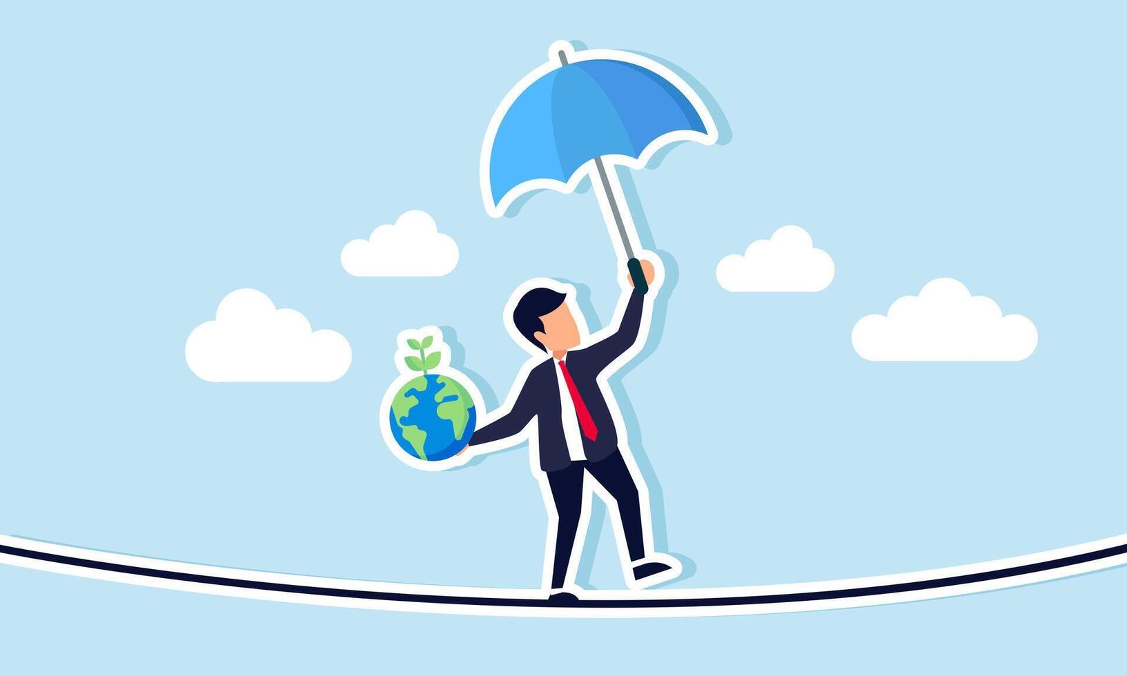 businessman holding an umbrella, globe, and plant, standing unbalanced on a rope and aiming to cross it, illustration of sustaining earth's ecosystem by keeping business go green vector