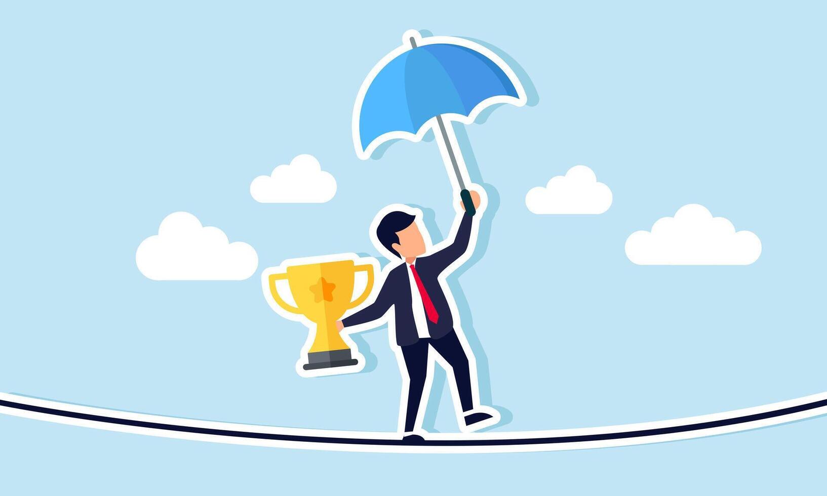 businessman holding an umbrella and trophy, standing unbalanced on a rope and aiming to cross it, illustration of maintaining business stability to keep top performance vector