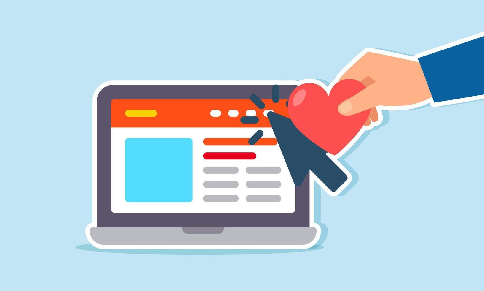 Giving a heart to a cursor pointing at a marketplace website on a laptop, illustration of giving ratings or attention to a business platform site vector