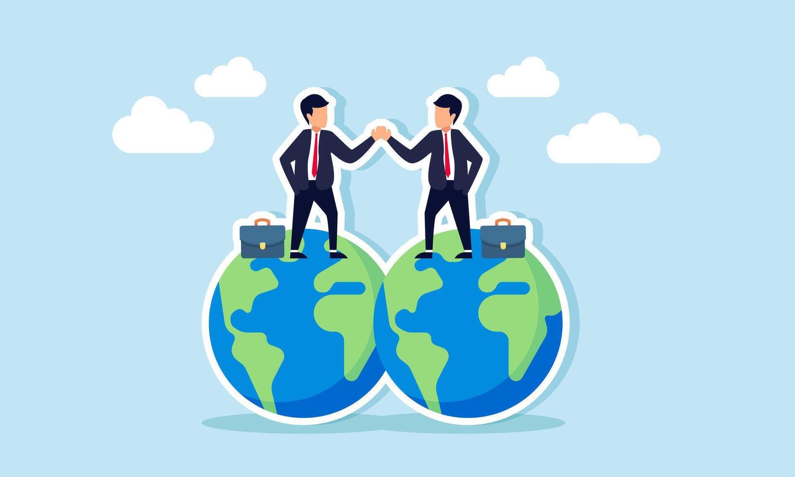 Two businessmen standing on a globe, shaking hands, illustration of agreement in a business contract vector