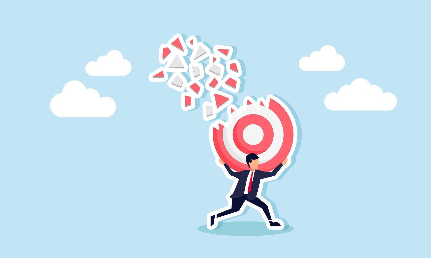 A businessman holds a broken target board with pieces scattering, illustration of saving business targets from danger and business problems vector