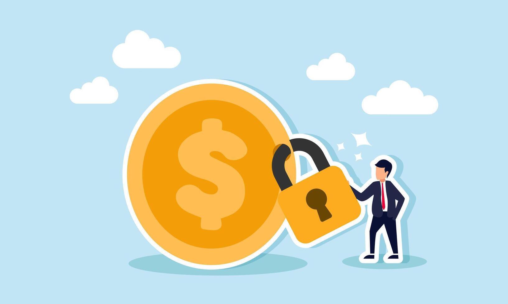 A businessman stands beside a dollar coin locked with a padlock, illustration of an international financial strategy requiring all business transactions in dollars vector