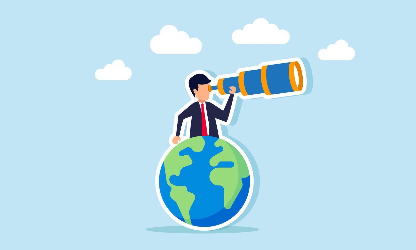 A businessman peers through a globe, illustration of monitoring global business trend model movements vector