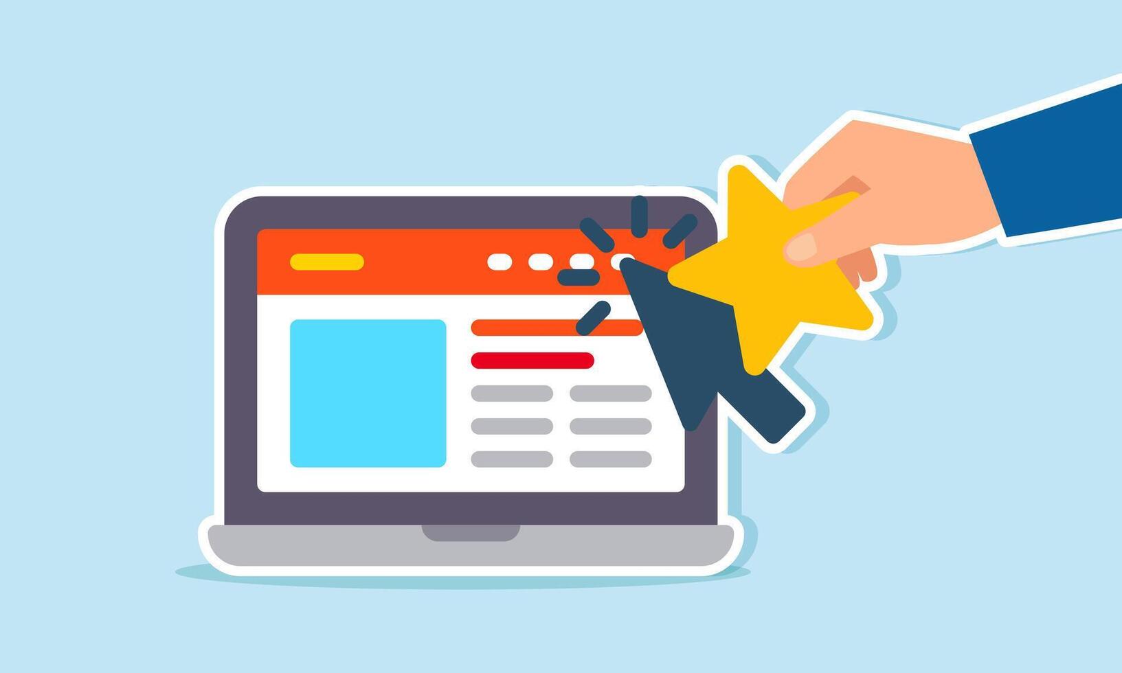 Showing a heart to a cursor pointing at a marketplace website on a laptop, illustration of giving ratings to a business platform site vector