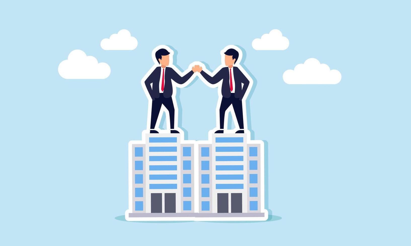 Two businessmen standing on office buildings, shaking hands, illustration of agreement in a business contract vector