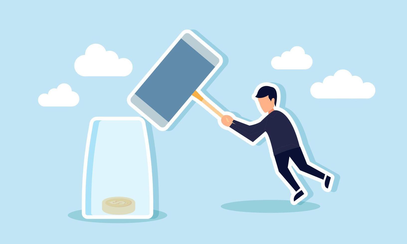 A businessman tries to break a glass covering a dollar coin with a giant hammer, illustration of reclaiming assets pawned for business purposes vector