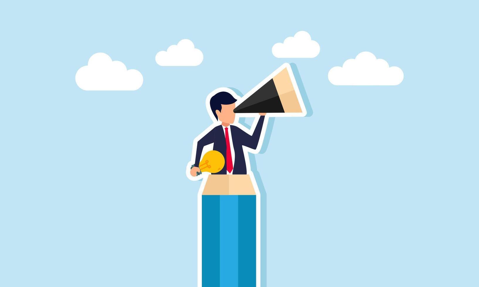 A businessman looks through a telescope made from a pencil, holding a lamp, illustration of analyzing business ideas and innovations relevant to the industry vector