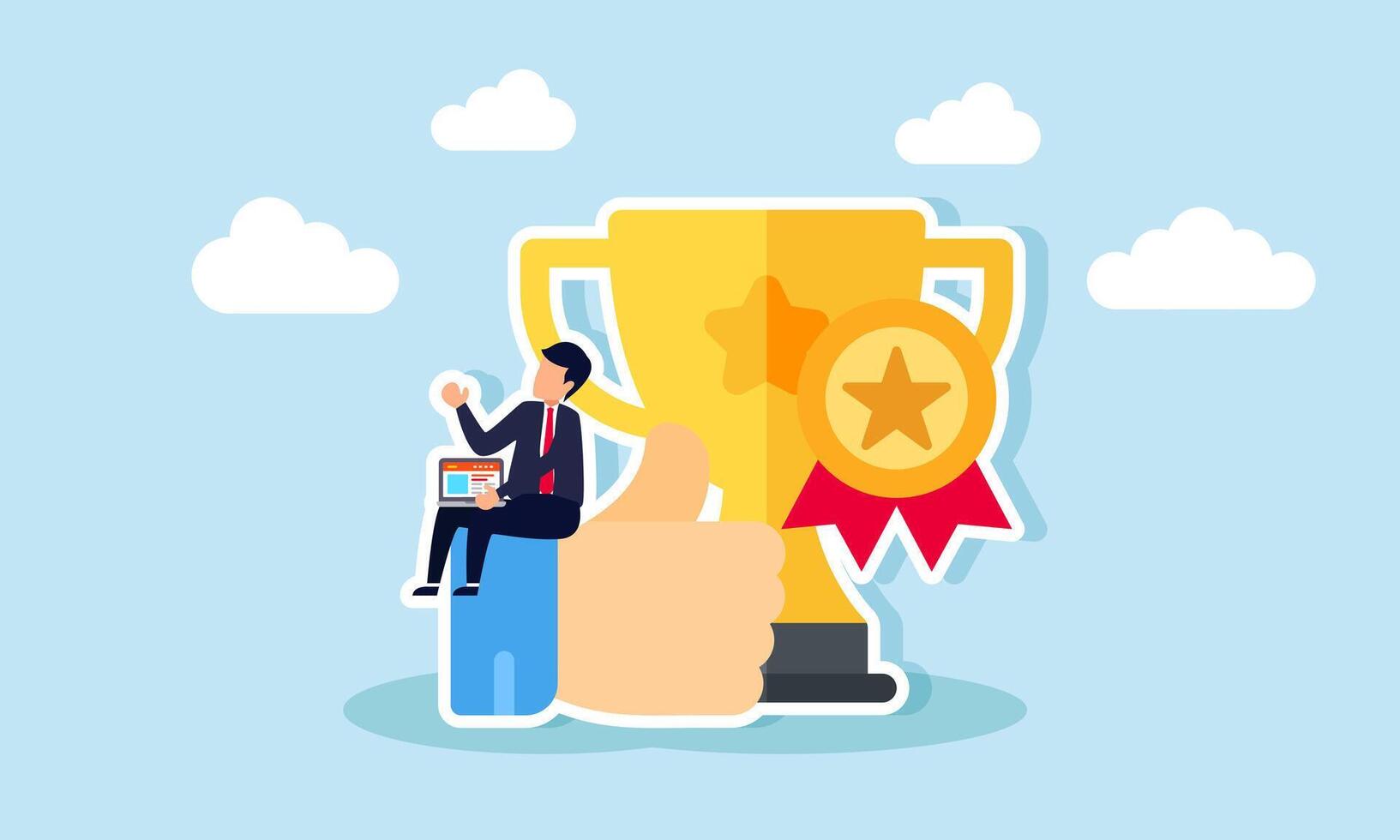 A businessman with a laptop sits on a like thumbs-up sign next to trophies and awards, illustration of receiving appreciation and awards for great business performance vector