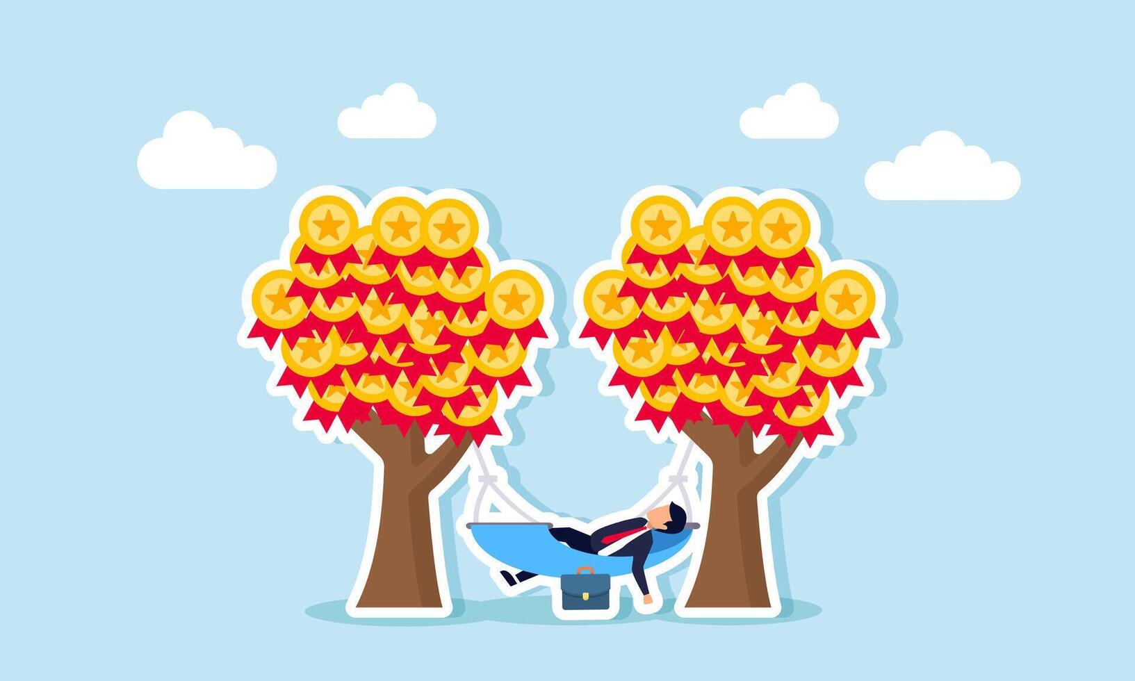 A businessman relaxes in a hammock tied to two award medal trees, illustration of enjoying business performance with numerous awards for achievements vector