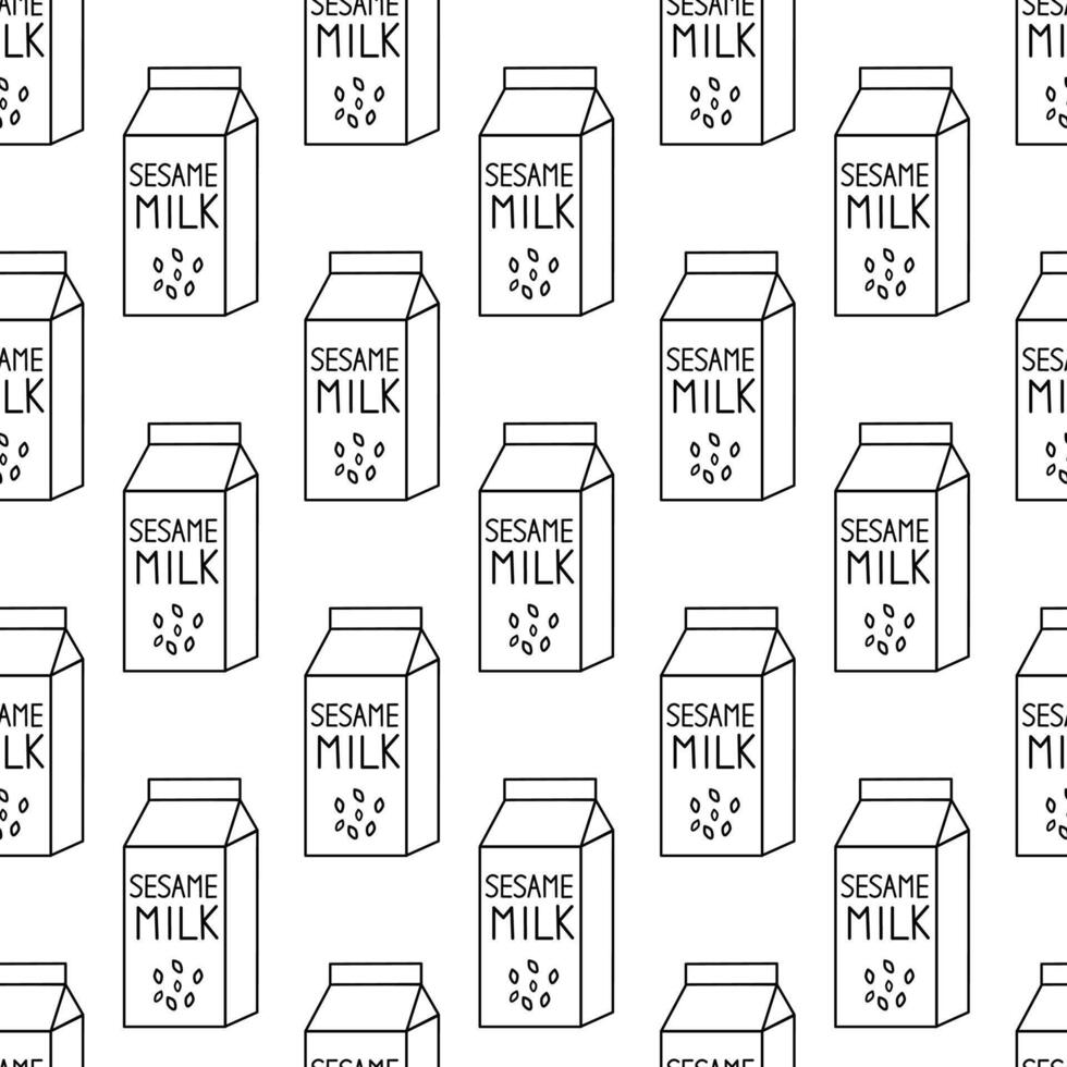 Seamless Pattern with Sesame milk. Box Carton packaging. Outline, Doodle, Line art. flat illustration. vector
