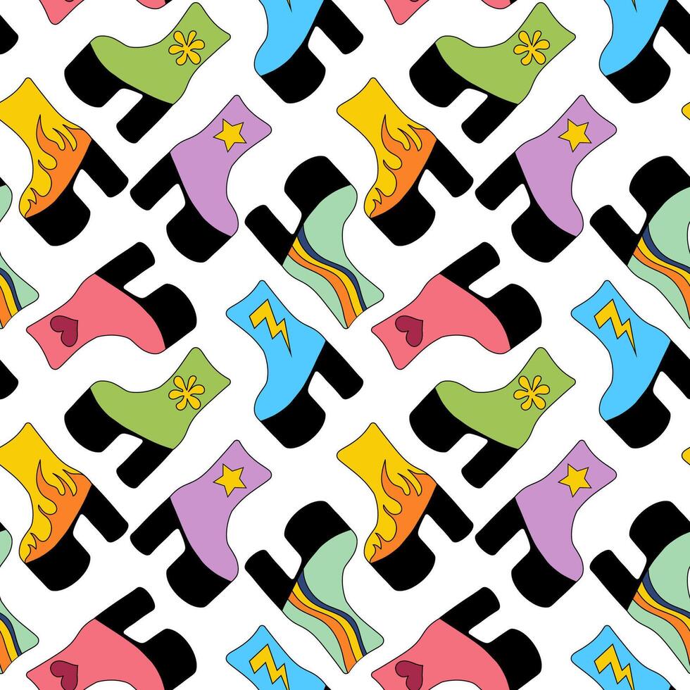 Seamless Pattern. Trendy 1980 retro high heel boots with different design. Vintage shoe. flat illustration. vector