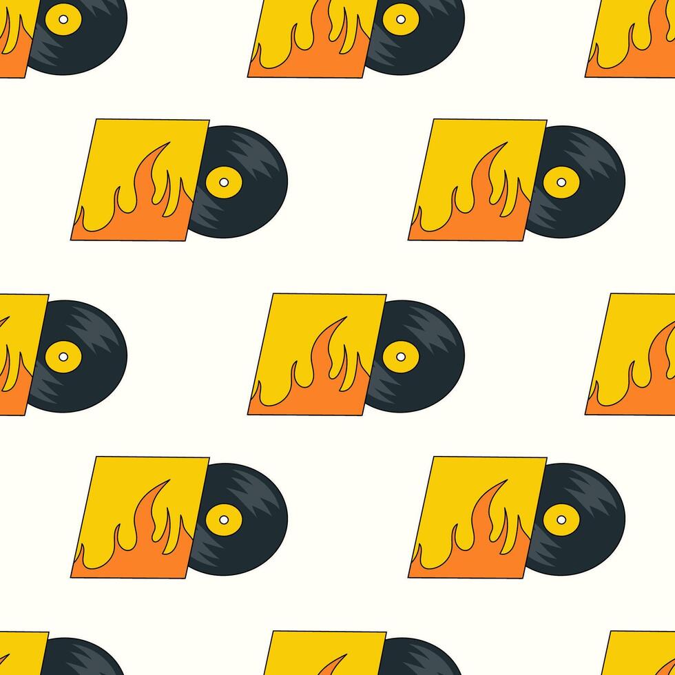 Seamless Pattern. Vinyl record with flame design cover. LP or long play music disc. DJ equipment for disco party background. Discotheque nostalgia concept. flat illustration. vector