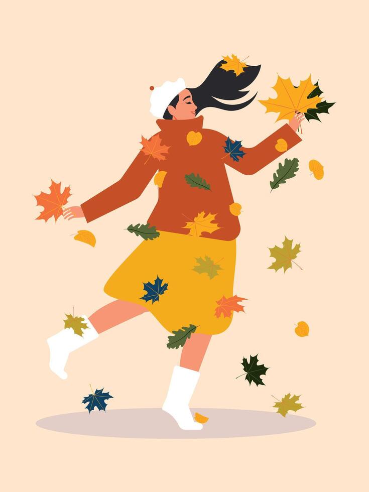 A cheerful young woman dances in the falling autumn leaves. vector