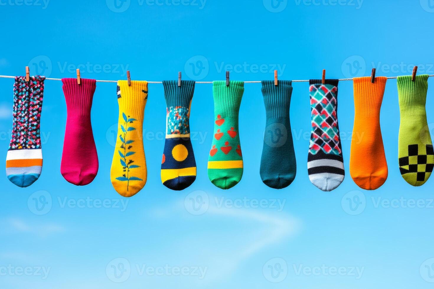 A row of colorful socks with various playful patterns hangs on a clothesline against a bright blue sky photo