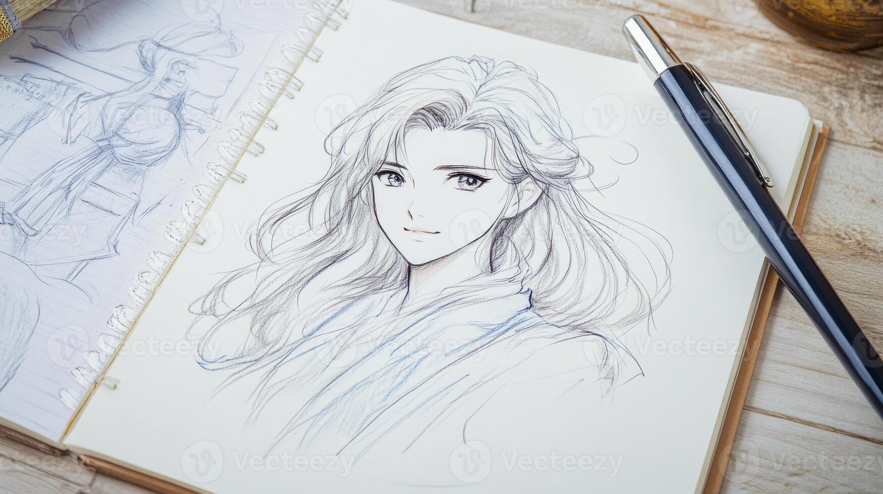 A hand-drawn anime character with flowing hair and a soft smile is sketched in a spiral-bound notebook photo