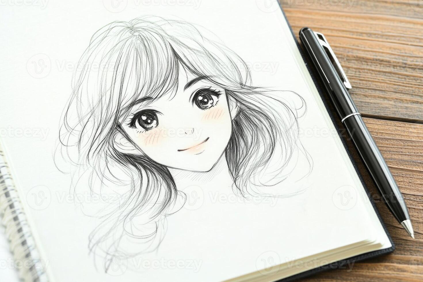A hand-drawn anime character sketched in a notebook with expressive eyes and soft, detailed hair photo