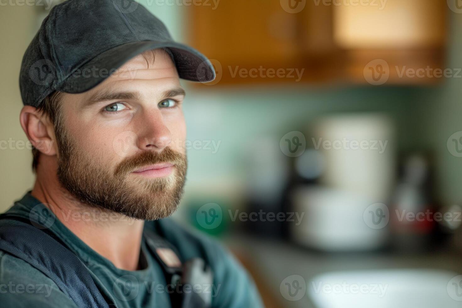 A male plumber, 30-40 years old, Caucasian, wearing a cap and work clothes, looks at the camera in a kitchen setting photo