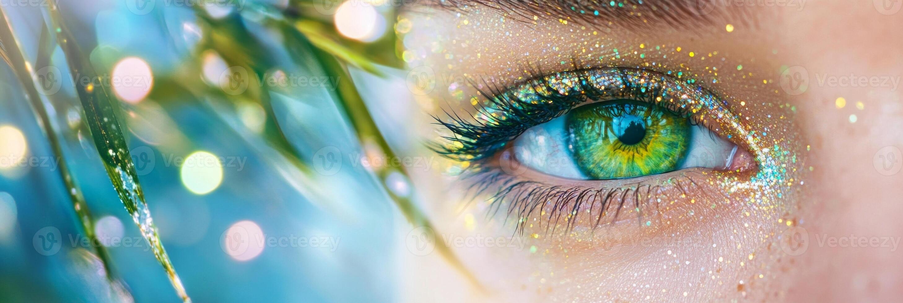 A vibrant close-up of a green eye with glittering makeup, capturing stunning details of the iris and lashes photo