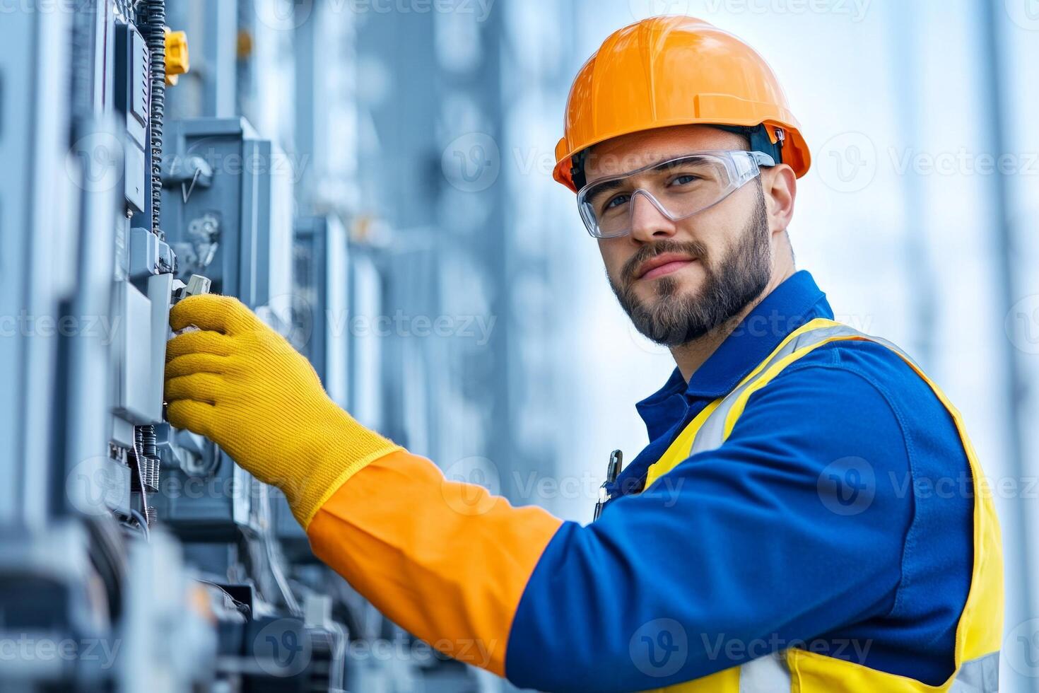 A young male electrician in his 30s, wearing safety gear including a hard hat, gloves, and protective eyewear photo