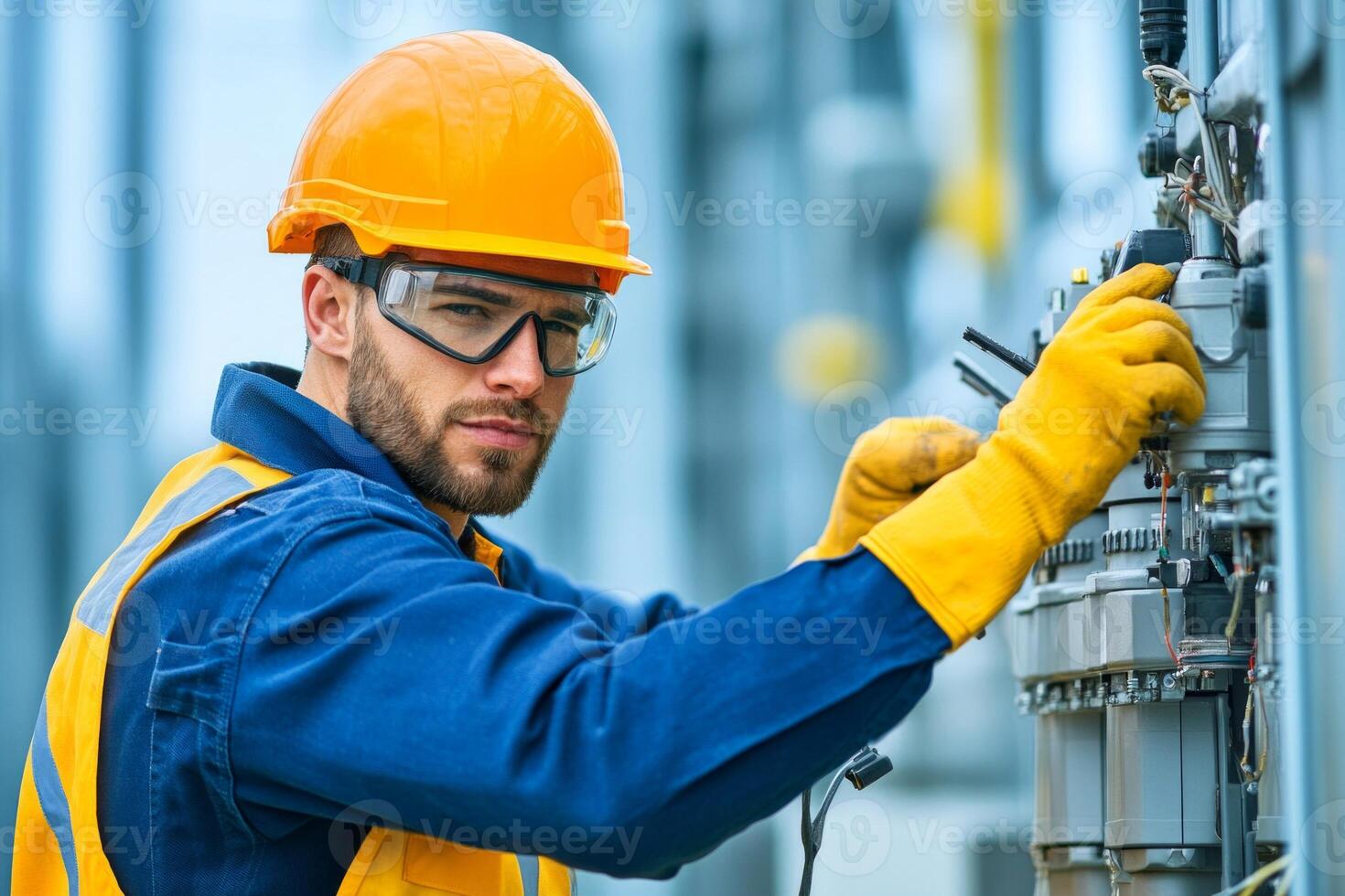 A young male electrician in his 30s, wearing a hard hat, protective goggles, works on an outdoor electrical system. photo