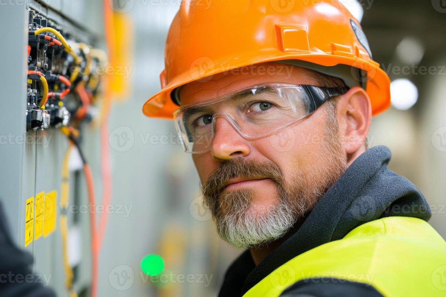 A middle-aged male electrician with a beard, wearing an orange hard hat, protective goggles, and a high-visibility vest photo