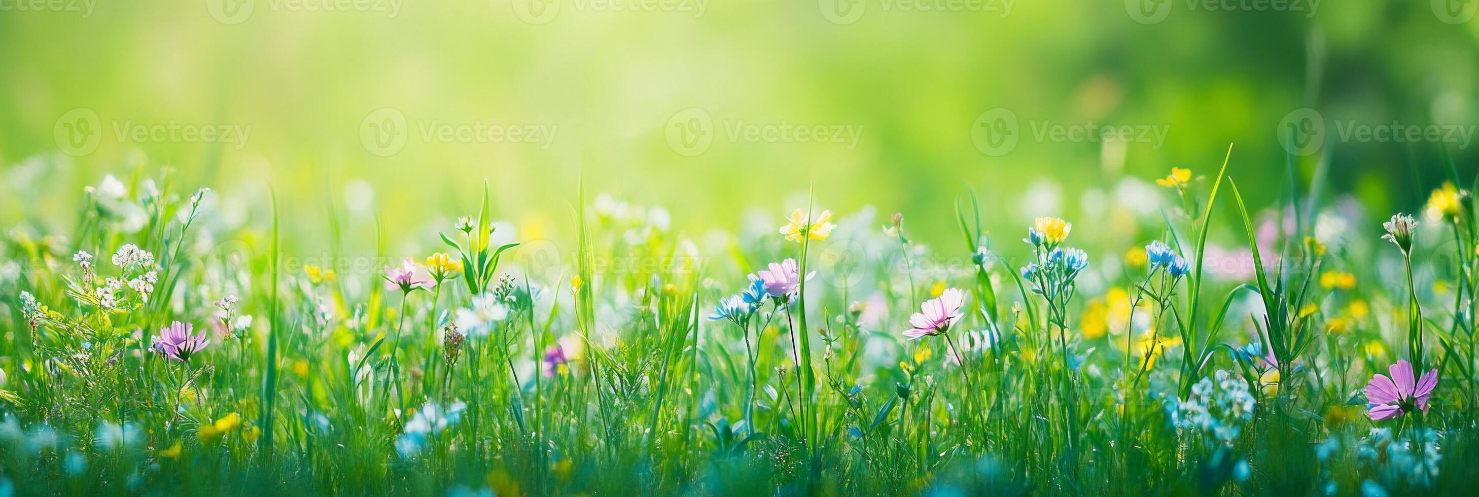 A vibrant, close-up view of a meadow filled with colorful wildflowers and tall green grass, bathed in soft sunlight photo