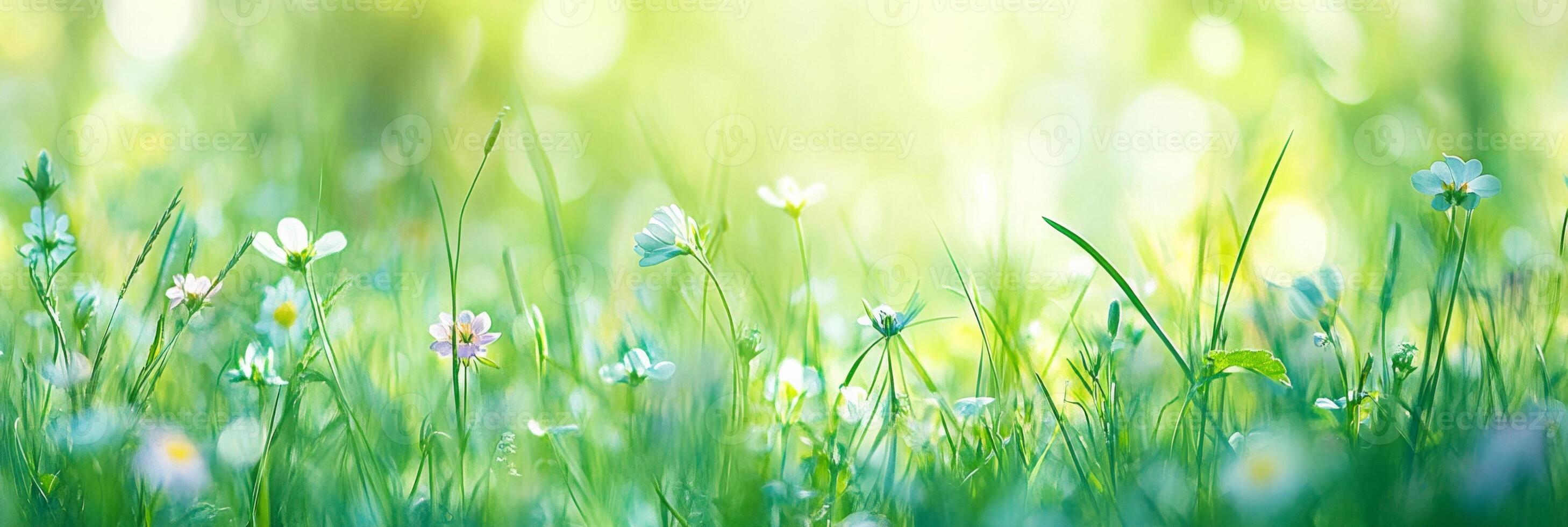 A dreamy close-up of a spring meadow filled with delicate wildflowers and soft green grass, bathed in warm sunlight photo