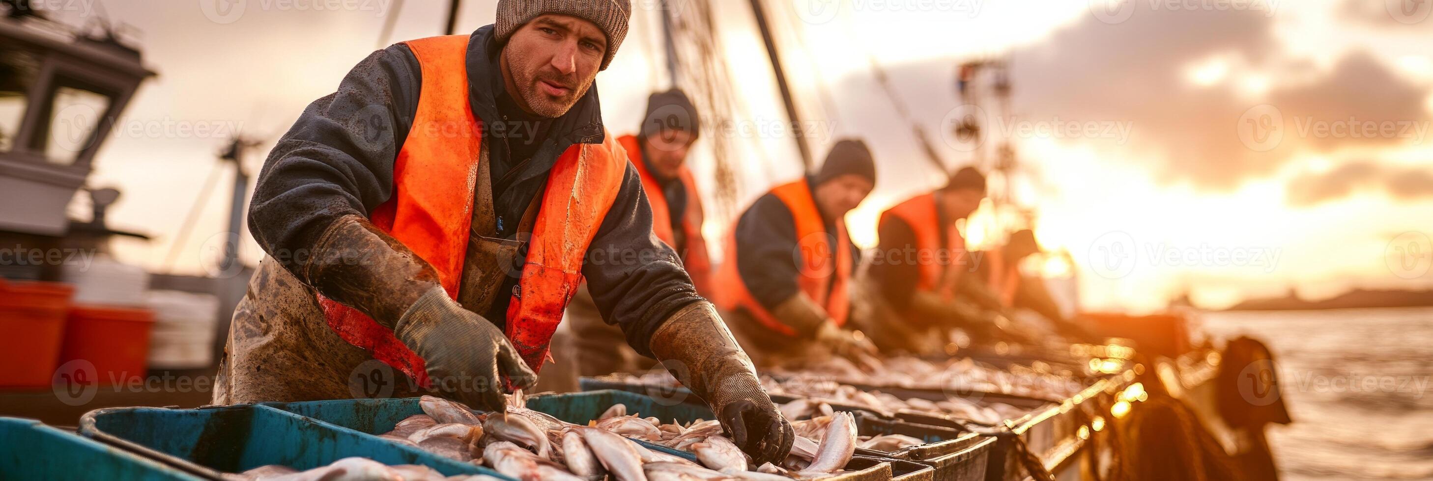 A team of commercial fishermen sorts their catch on a wet boat deck, organizing fish into bins. photo