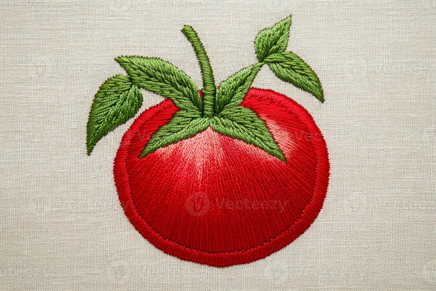 An embroidered design of a plump red tomato with green leaves and stem. photo