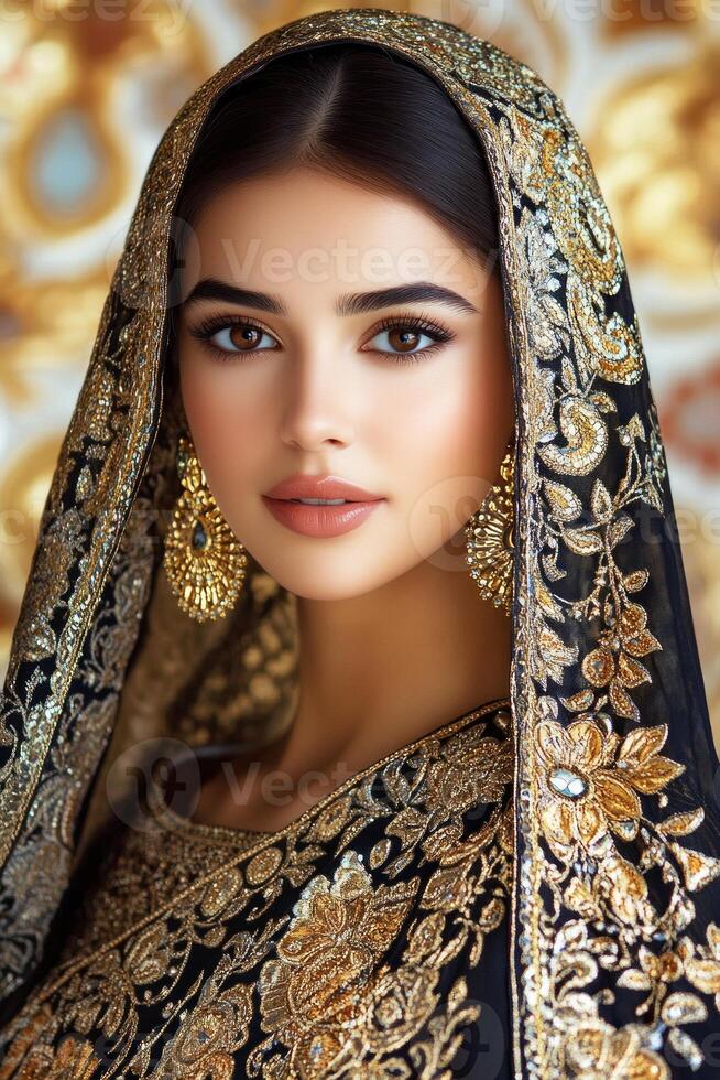 A striking portrait of a young woman in traditional Arabic attire, featuring a black shawl with golden embroidery photo