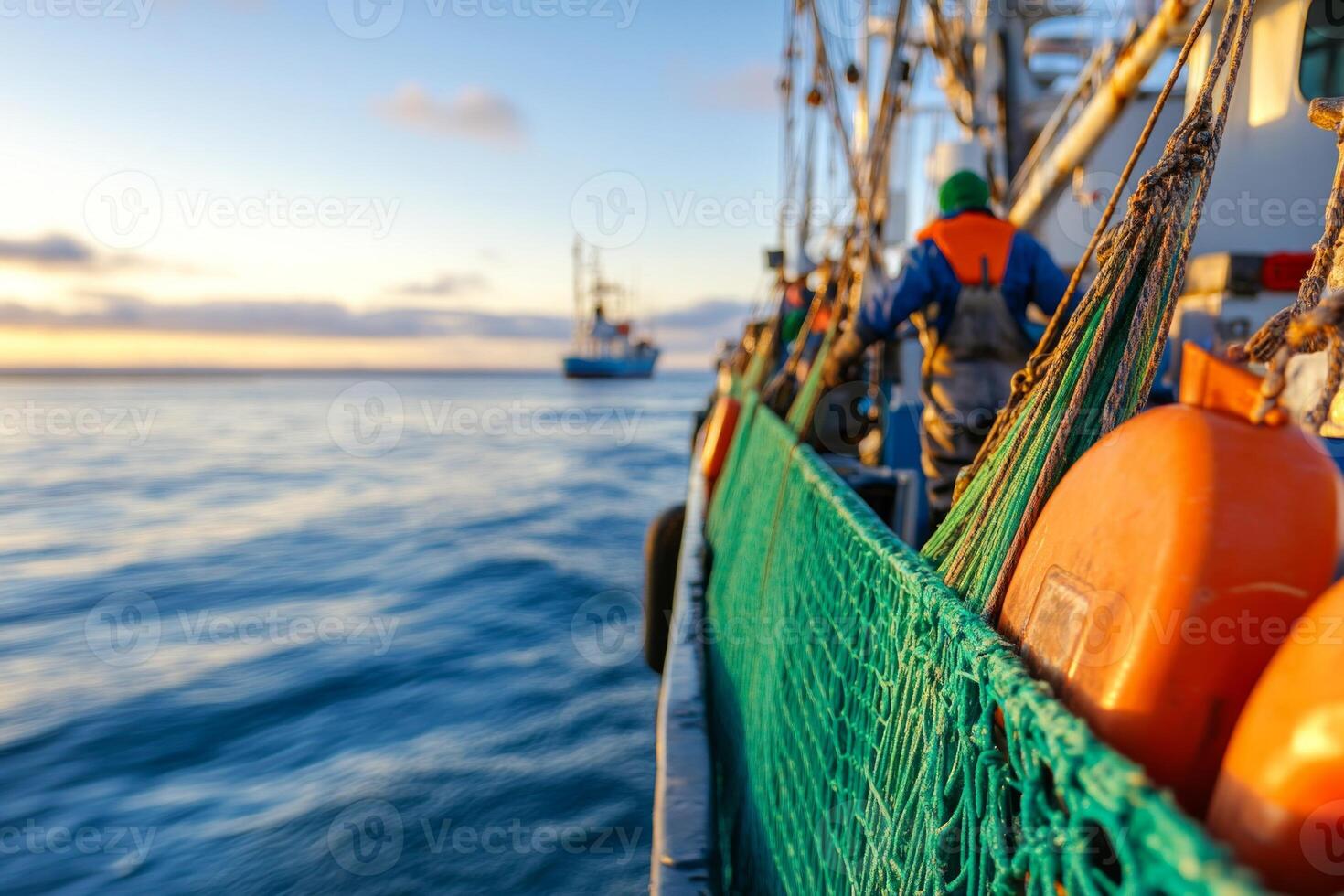 A fishing crew works on deck, securing nets and gear as their boat sails across calm ocean waters photo