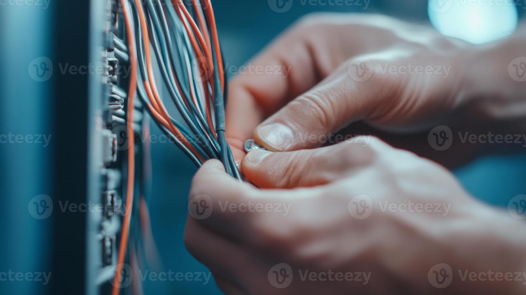 Close-up of an electricians hands connecting wires inside a circuit box, highlighting precision and technical skill. photo