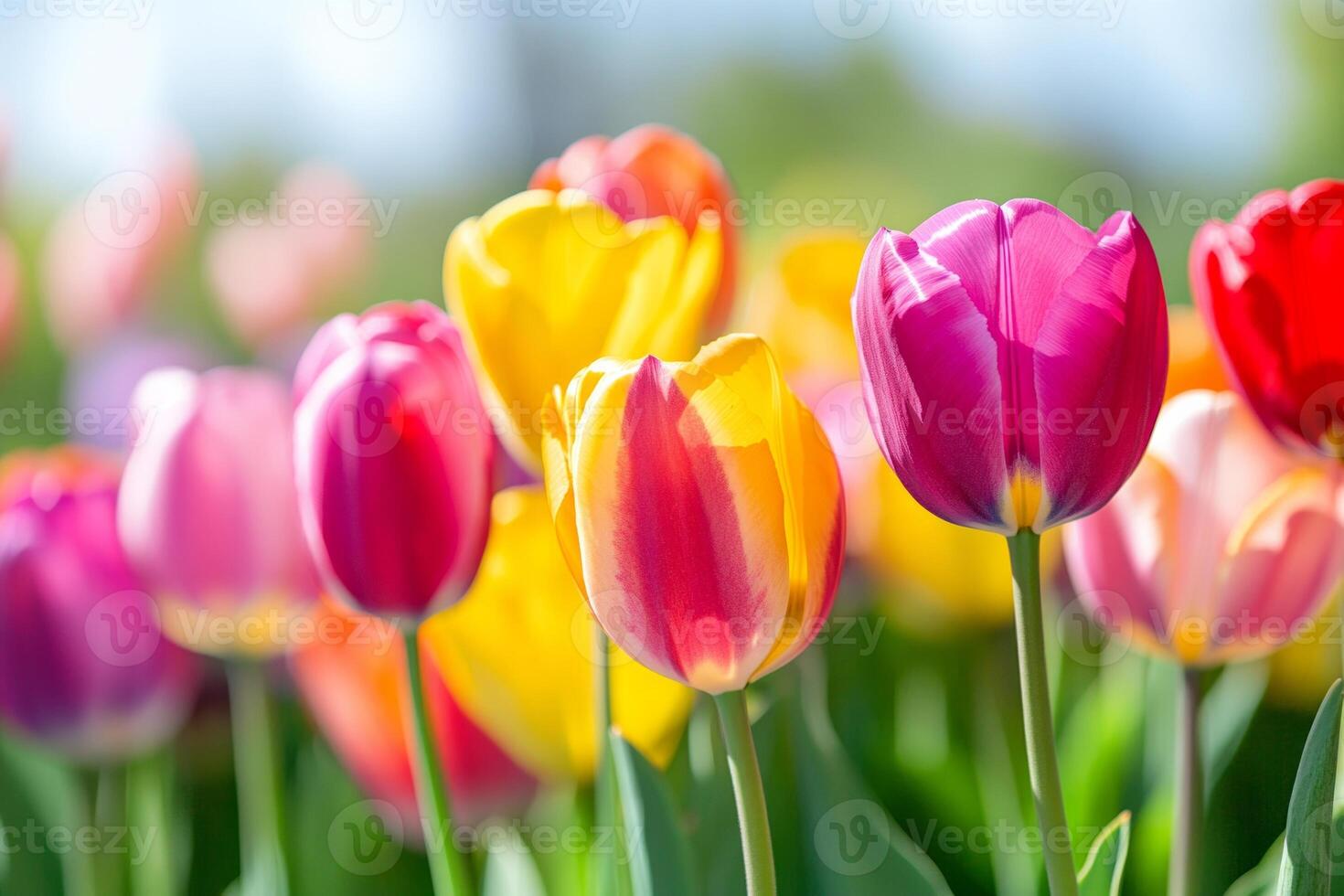 A close-up of colorful tulips in full bloom, showcasing bright shades of pink, yellow, and red photo