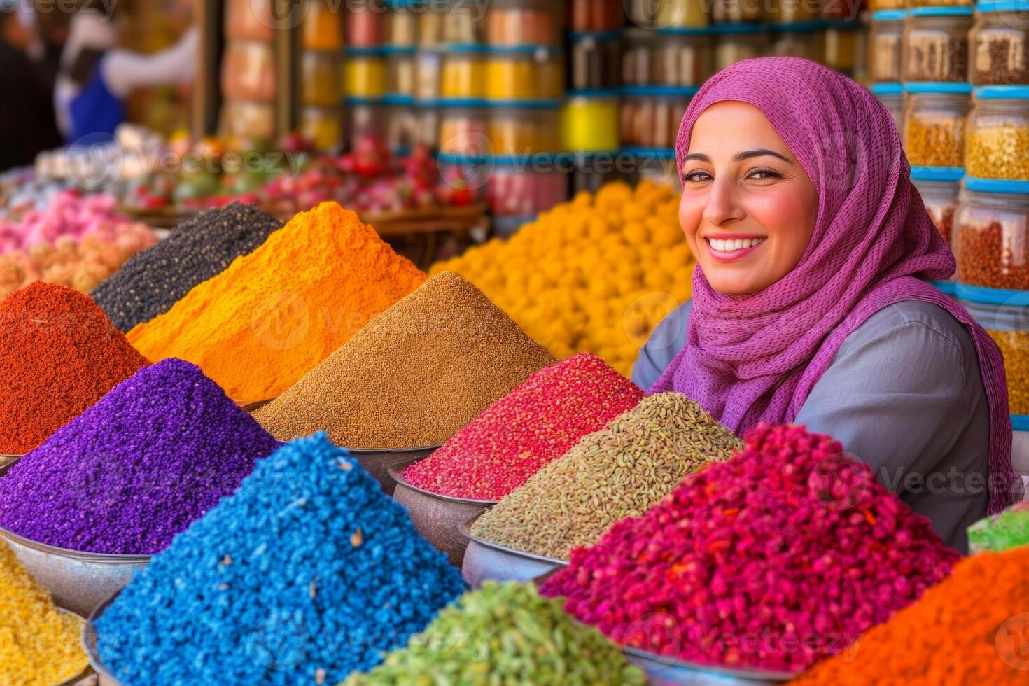 A smiling woman in her 30s, wearing a vibrant purple hijab, sits behind a display of spices in a bustling market photo