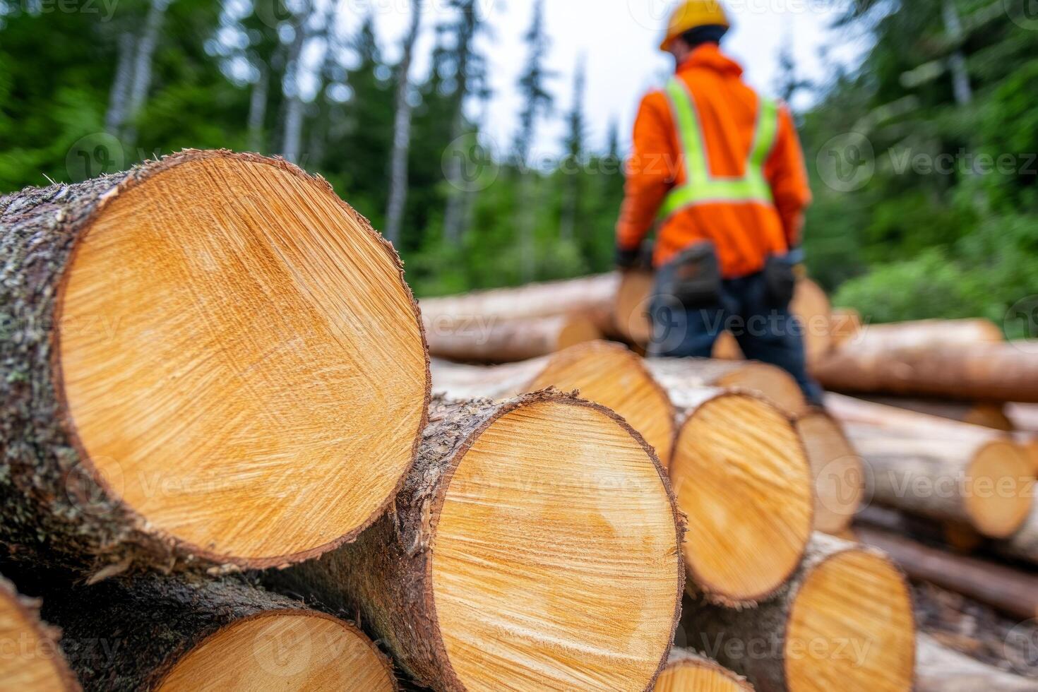 A close-up shot of freshly cut logs stacked in a forest, with a logger in the background wearing safety gear photo