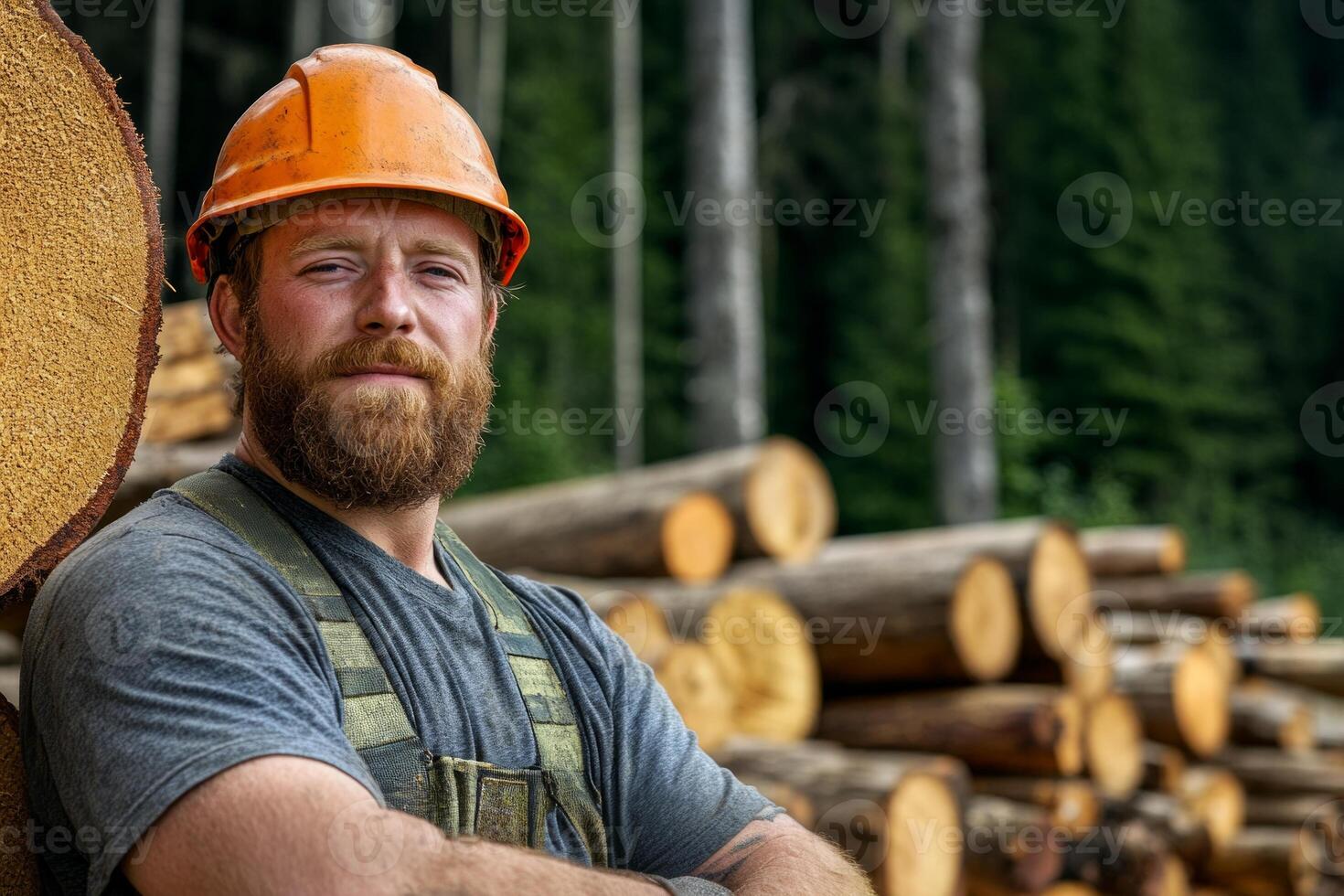 A rugged logger taking a break by a pile of freshly cut logs in a forest photo