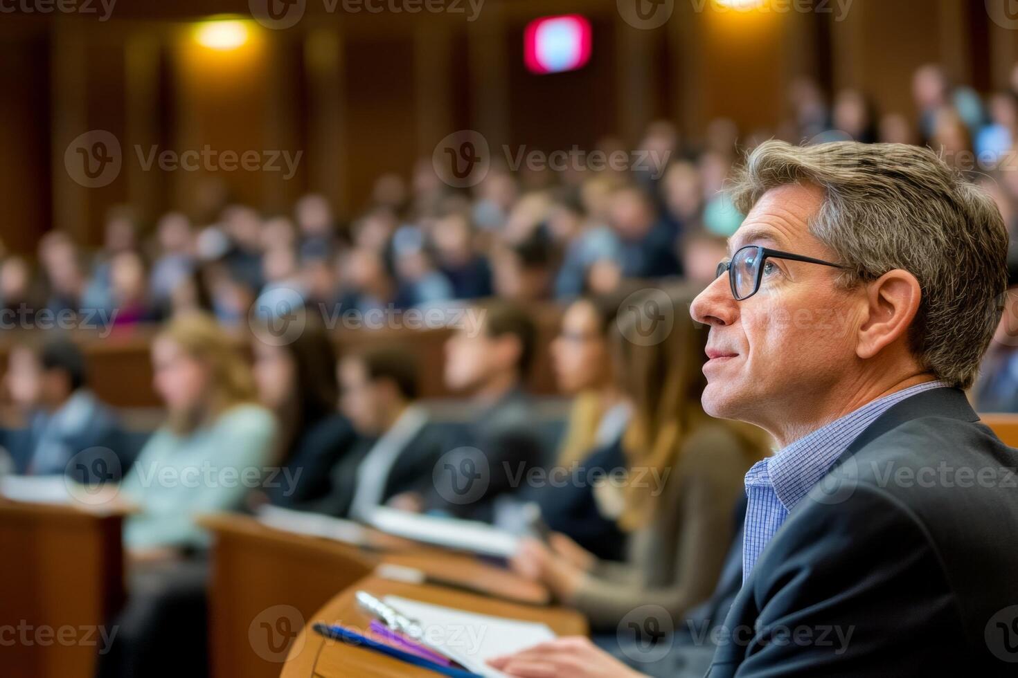 A professional attending a conference or lecture in a large auditorium, surrounded by focused participants. photo