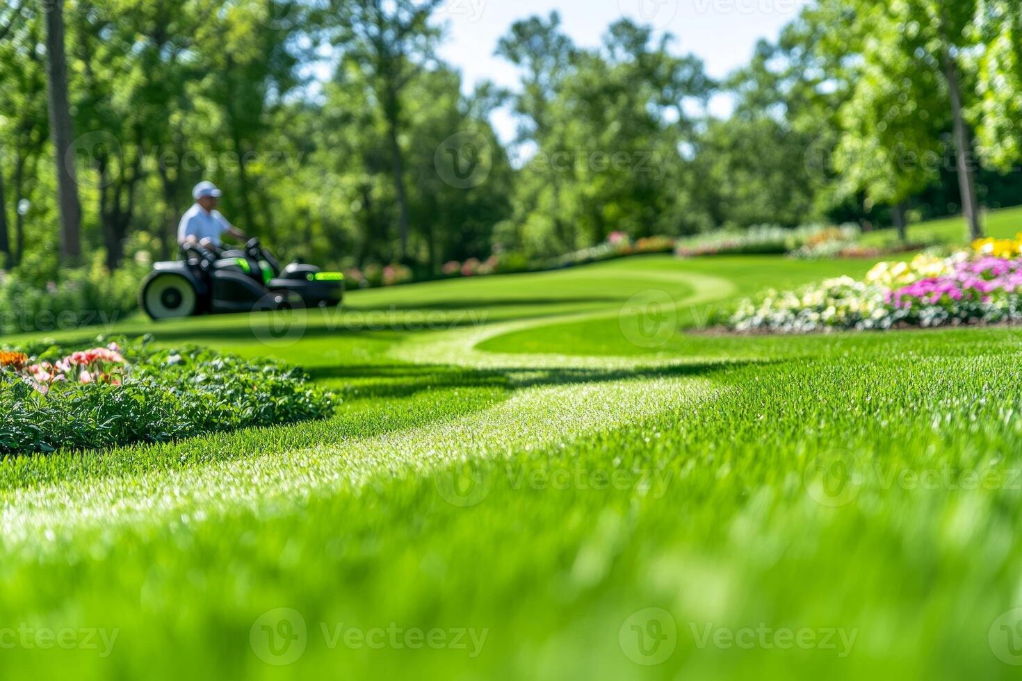 A landscaper rides a lawn mower, neatly trimming a large, lush green lawn surrounded by vibrant flowerbeds photo