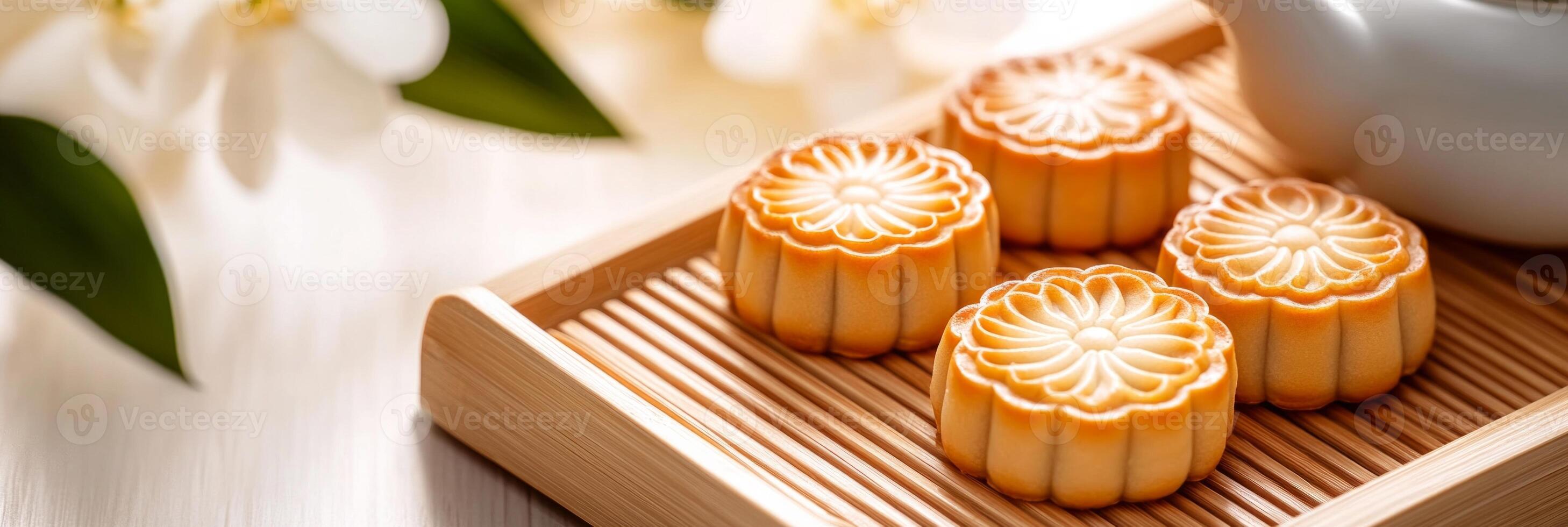 A set of traditional mooncakes on a wooden tray photo