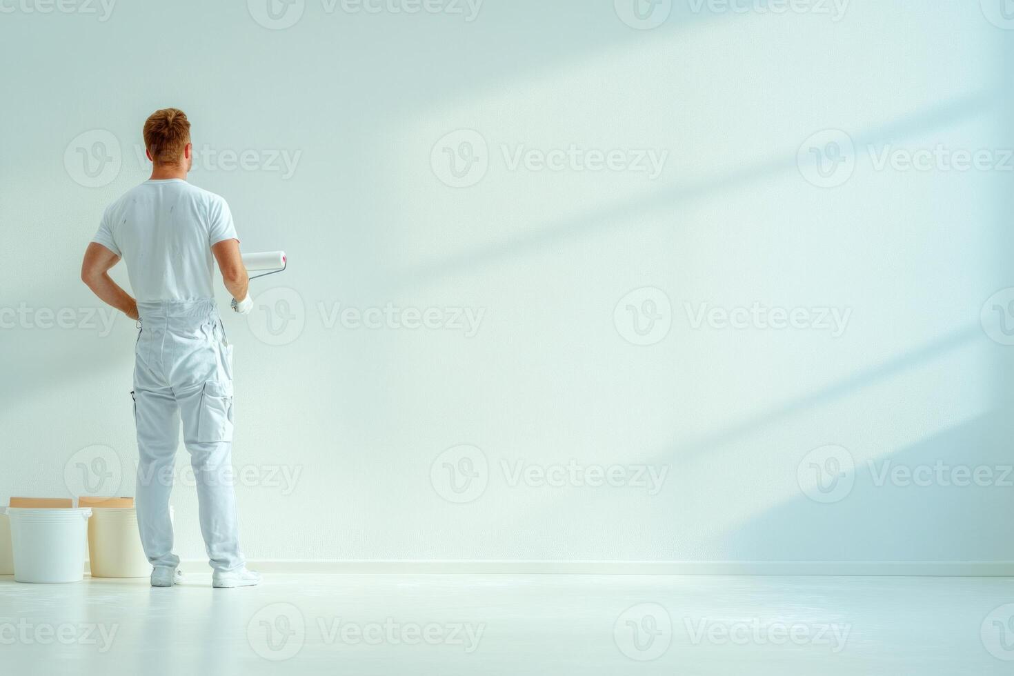 A professional painter in overalls paints a bright white wall in a minimalist, well-lit room photo