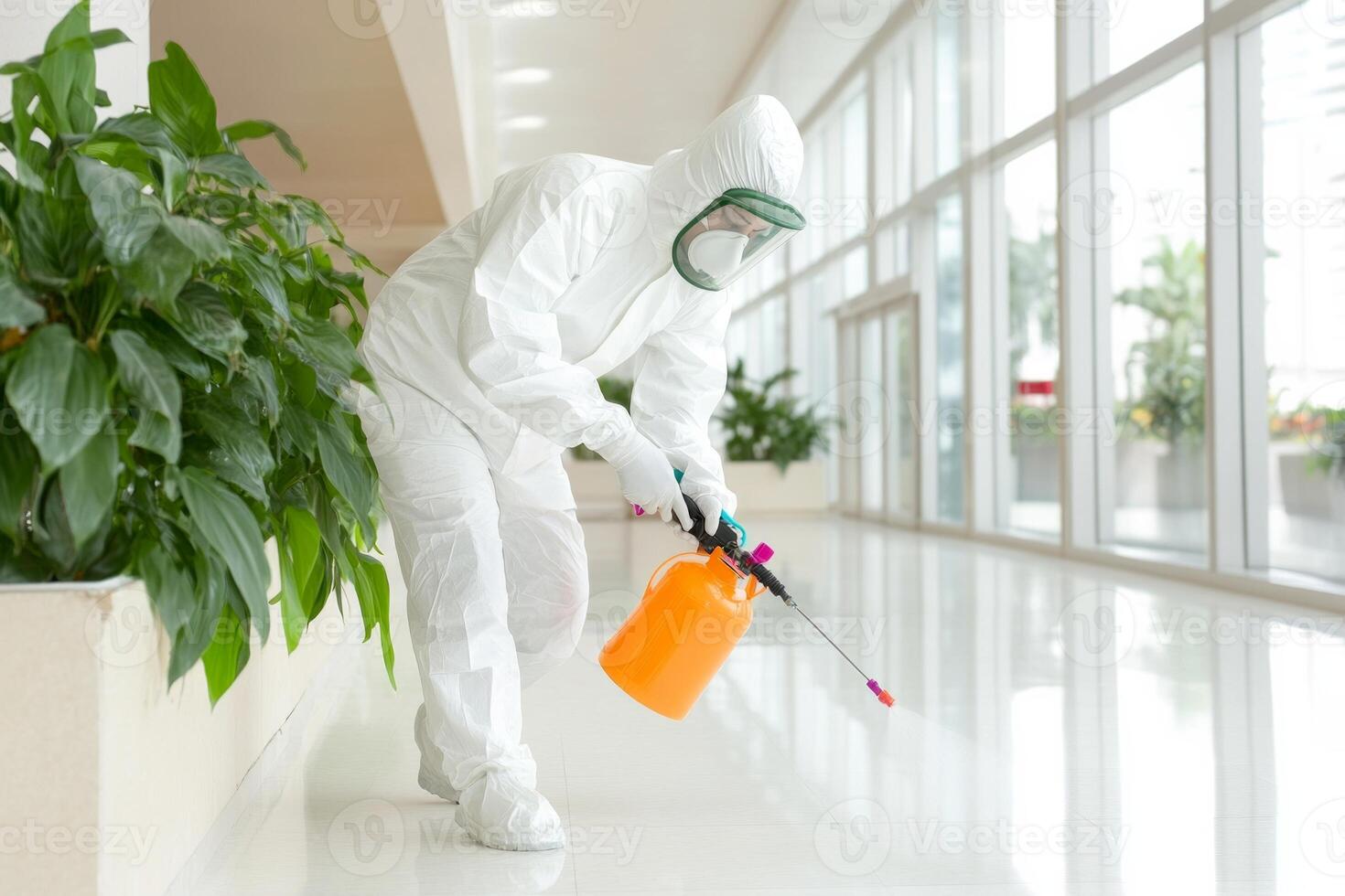 A pest control professional in full protective gear sprays insecticide in a clean, modern commercial space photo
