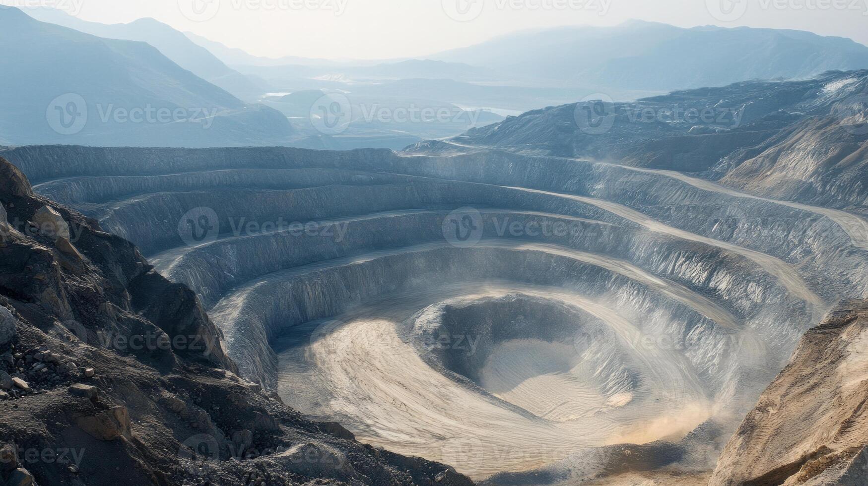 A massive open-pit mine with layered terraces stretching into the distance photo