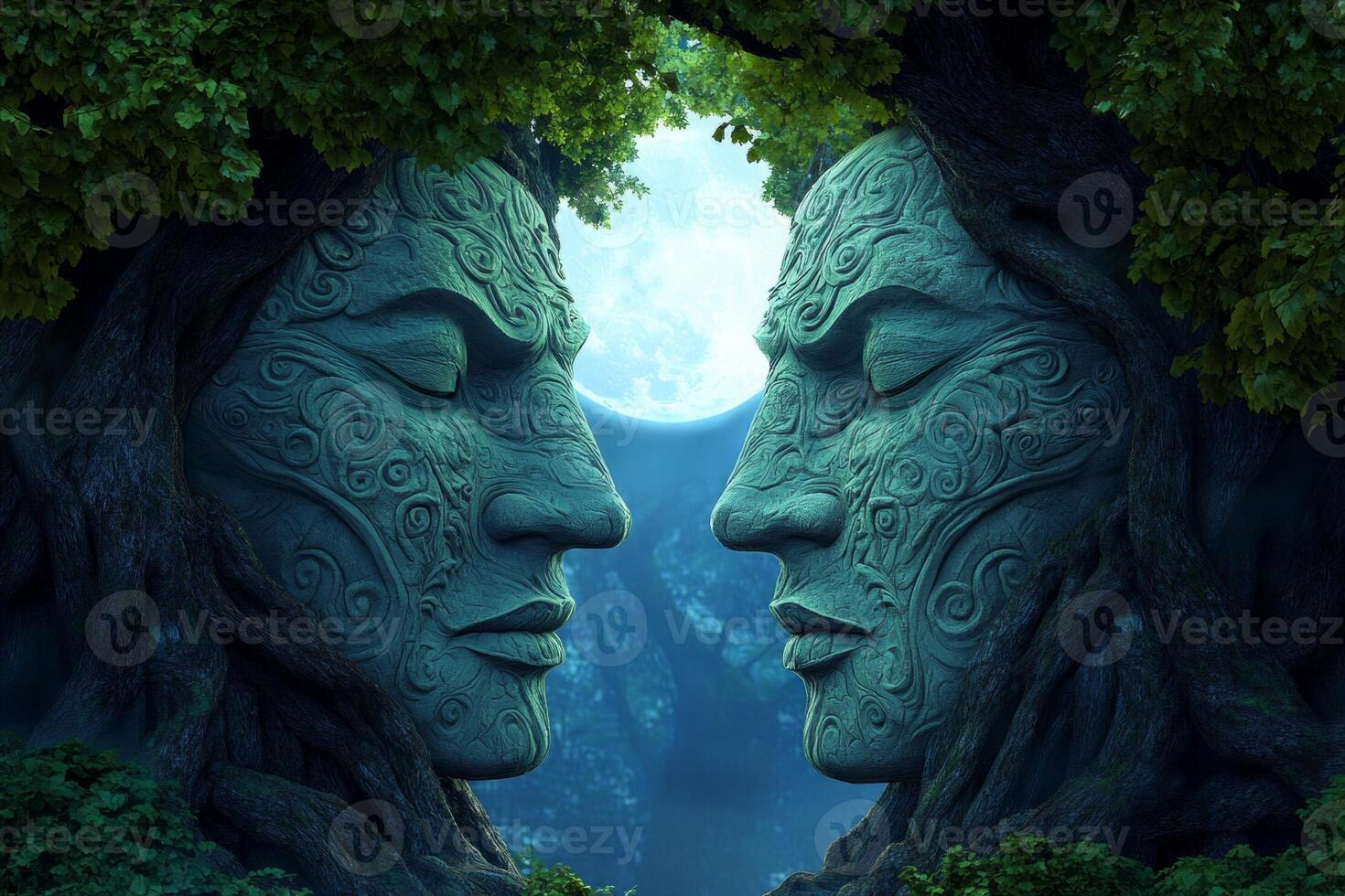 Two mystical tree faces with intricate carvings gaze at each other under the soft glow of the moon photo
